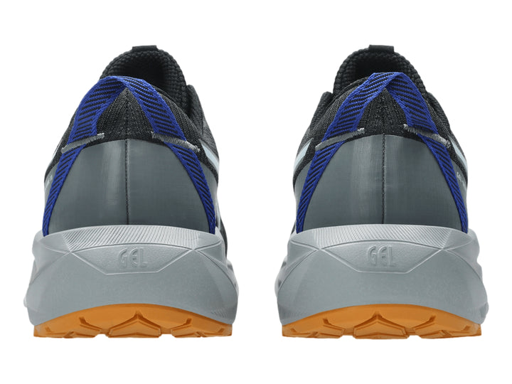 Tenis deportivos ASICS Gel-Venture 11 color negro y gris con detalles azules y suela naranja.