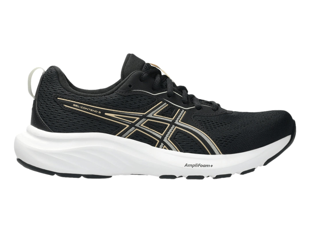 Tenis deportivos ASICS Gel-Contend 9 color negro con suela blanca y detalles en apricot.