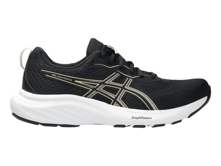 Tenis deportivos ASICS Gel-Contend 9 color negro con suela blanca y detalles en apricot.