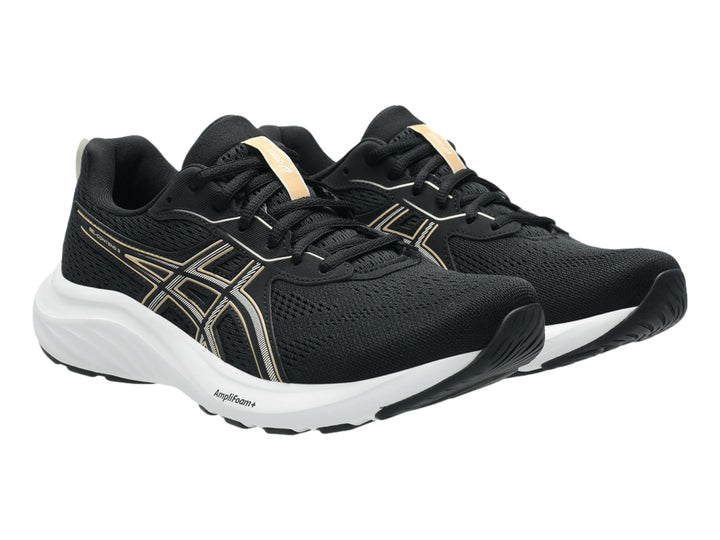 Tenis deportivos ASICS Gel-Contend 9 color negro con suela blanca y detalles en apricot.