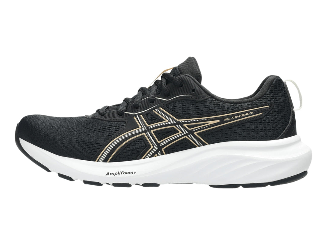 Tenis deportivos ASICS Gel-Contend 9 color negro con suela blanca y detalles en apricot.
