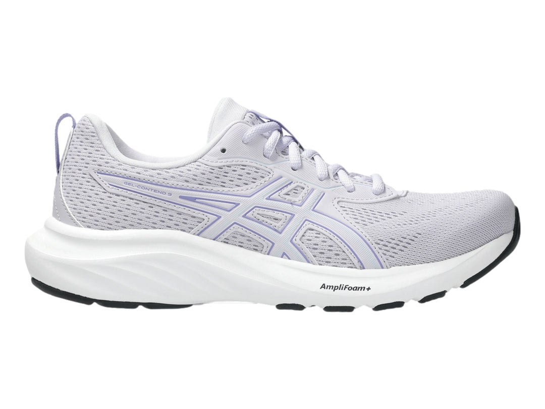 Tenis deportivos ASICS color lila con suela blanca para mujer.