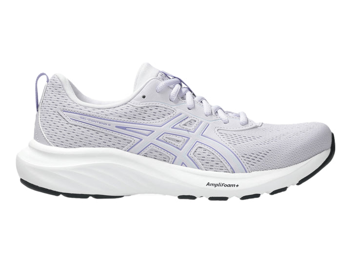 Tenis deportivos ASICS color lila con suela blanca para mujer.