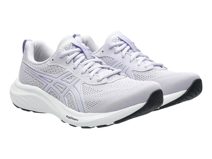 Tenis deportivos ASICS color lila con suela blanca para mujer.