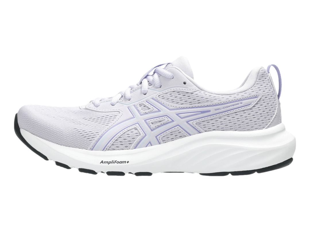 Tenis deportivos ASICS color lila con suela blanca para mujer.