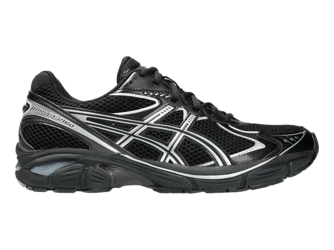 Tenis deportivos ASICS GT-2160 color negro con detalles en plata, vista lateral.
