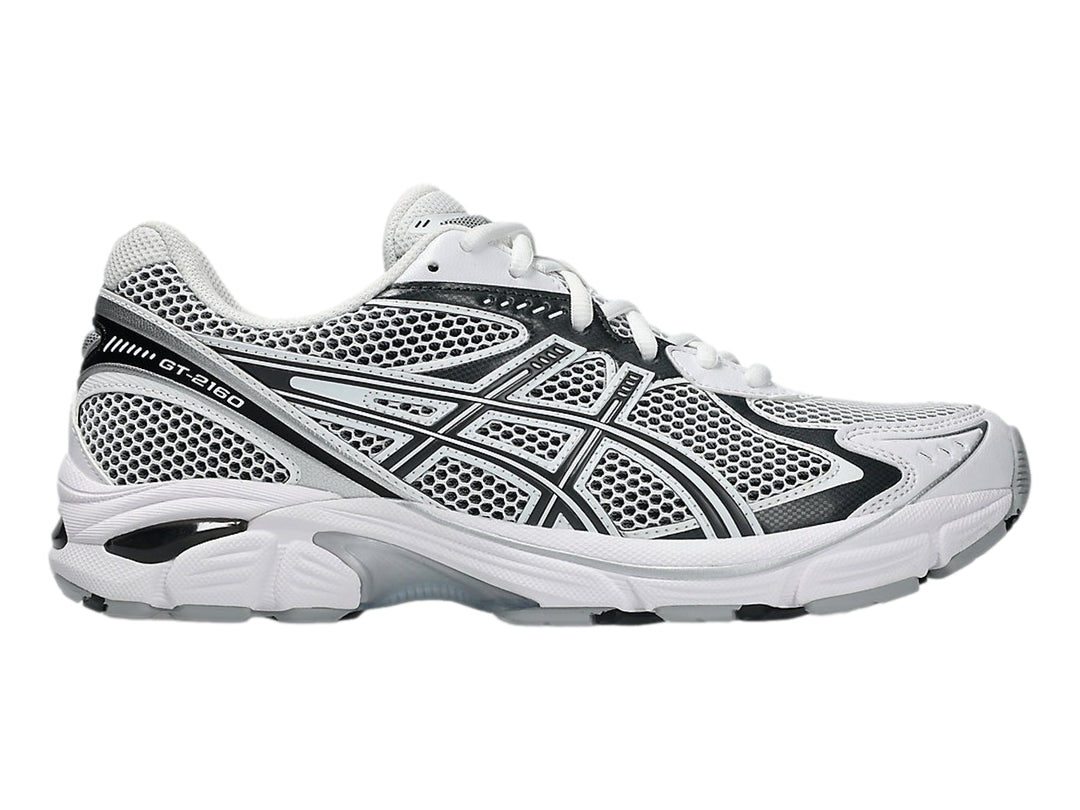 Tenis deportivos ASICS GT-2160 color blanco con detalles en gris grafito y malla transpirable.