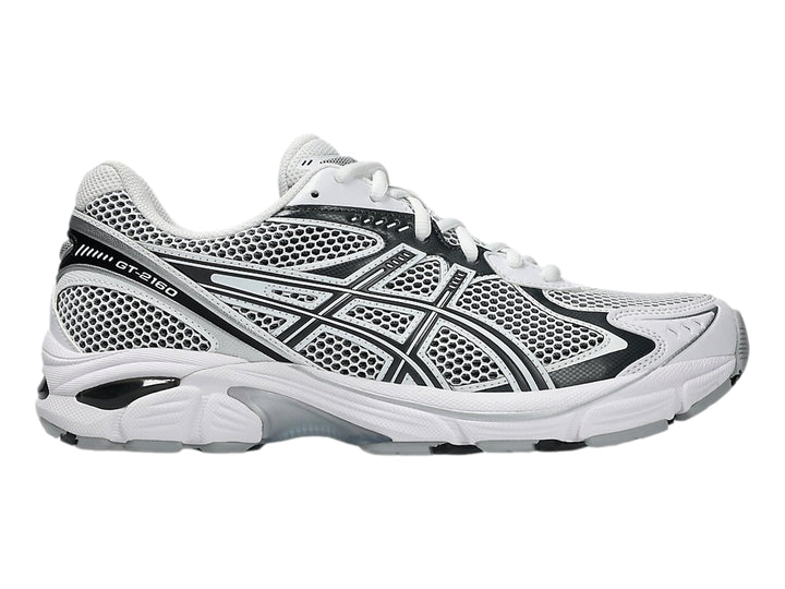 Tenis deportivos ASICS GT-2160 color blanco con detalles en gris grafito y malla transpirable.
