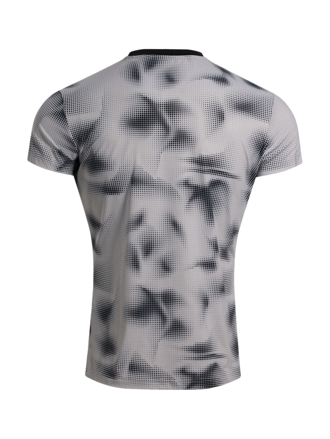 Playera deportiva Joma gris con patrón de puntos negros y manga corta para hombre.
