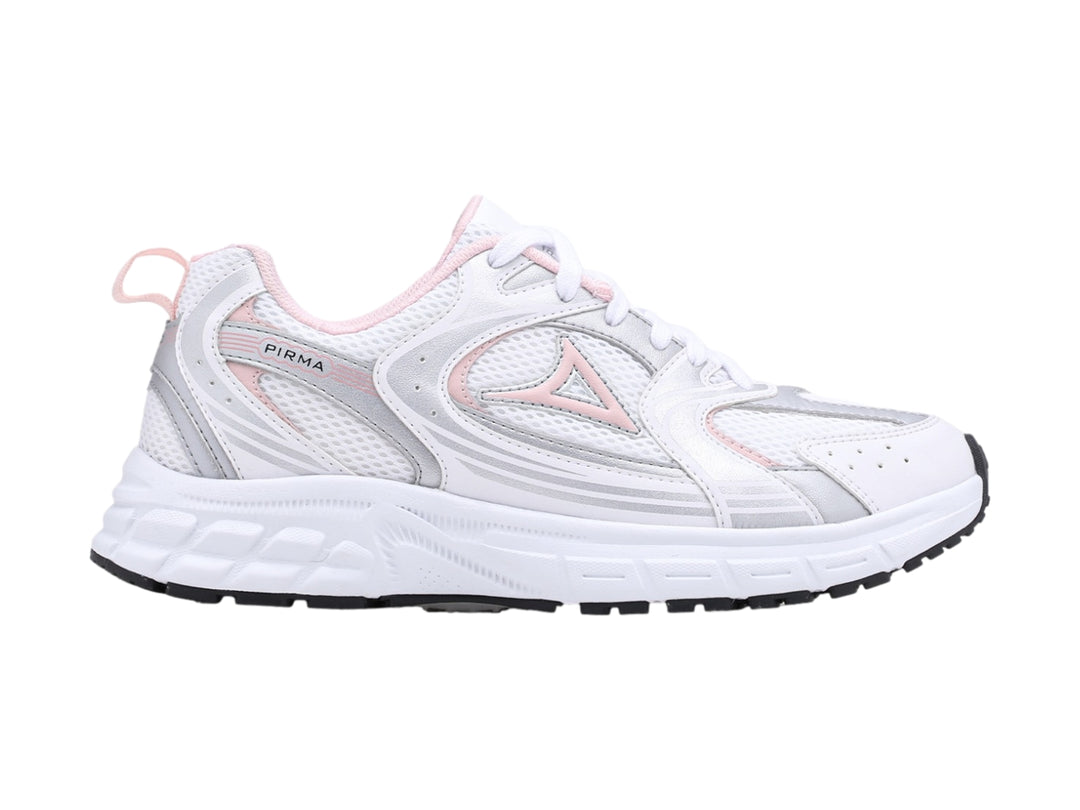 Tenis deportivos Pirma color blanco con detalles en rosa y suela blanca.