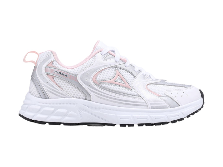 Tenis deportivos Pirma color blanco con detalles en rosa y suela blanca.