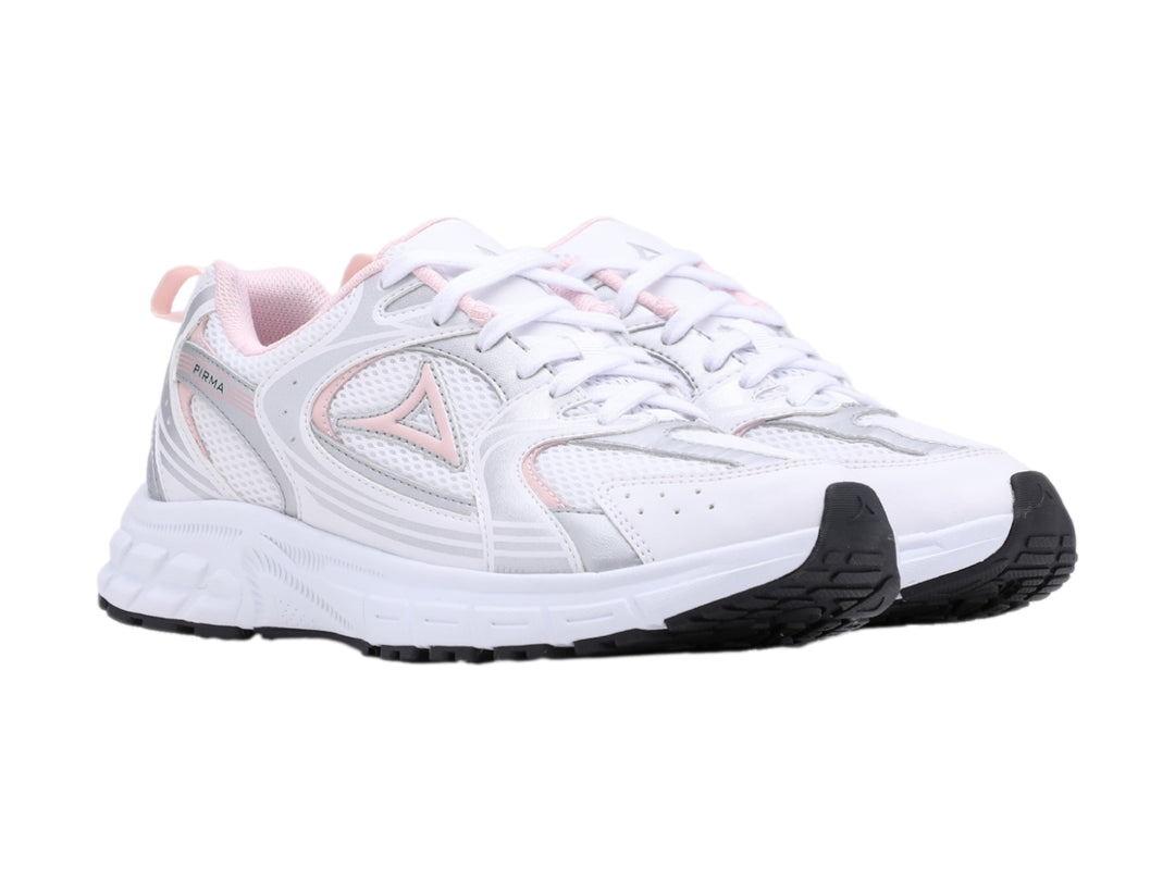 Tenis deportivos Pirma color blanco con detalles en rosa y suela blanca.