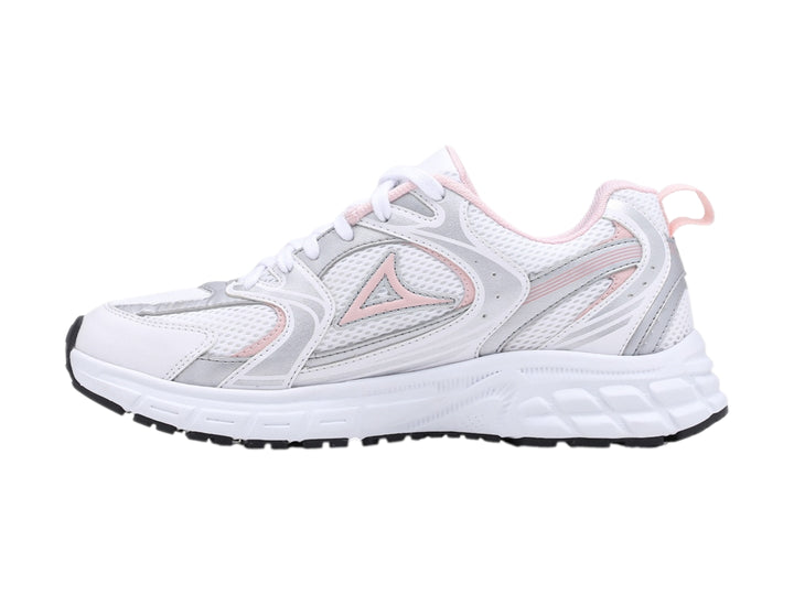 Tenis deportivos Pirma color blanco con detalles en rosa y suela blanca.