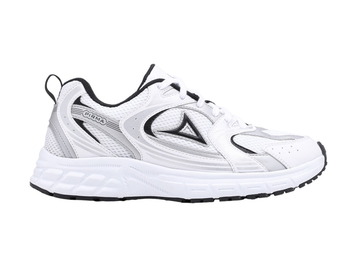 Tenis deportivos Pirma color blanco con detalles en plata y negro, vista lateral.