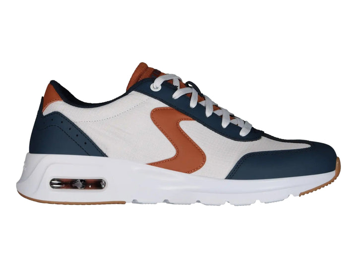 Tenis deportivos Skechers para hombre en colores blanco, azul marino y marrón con suela blanca.