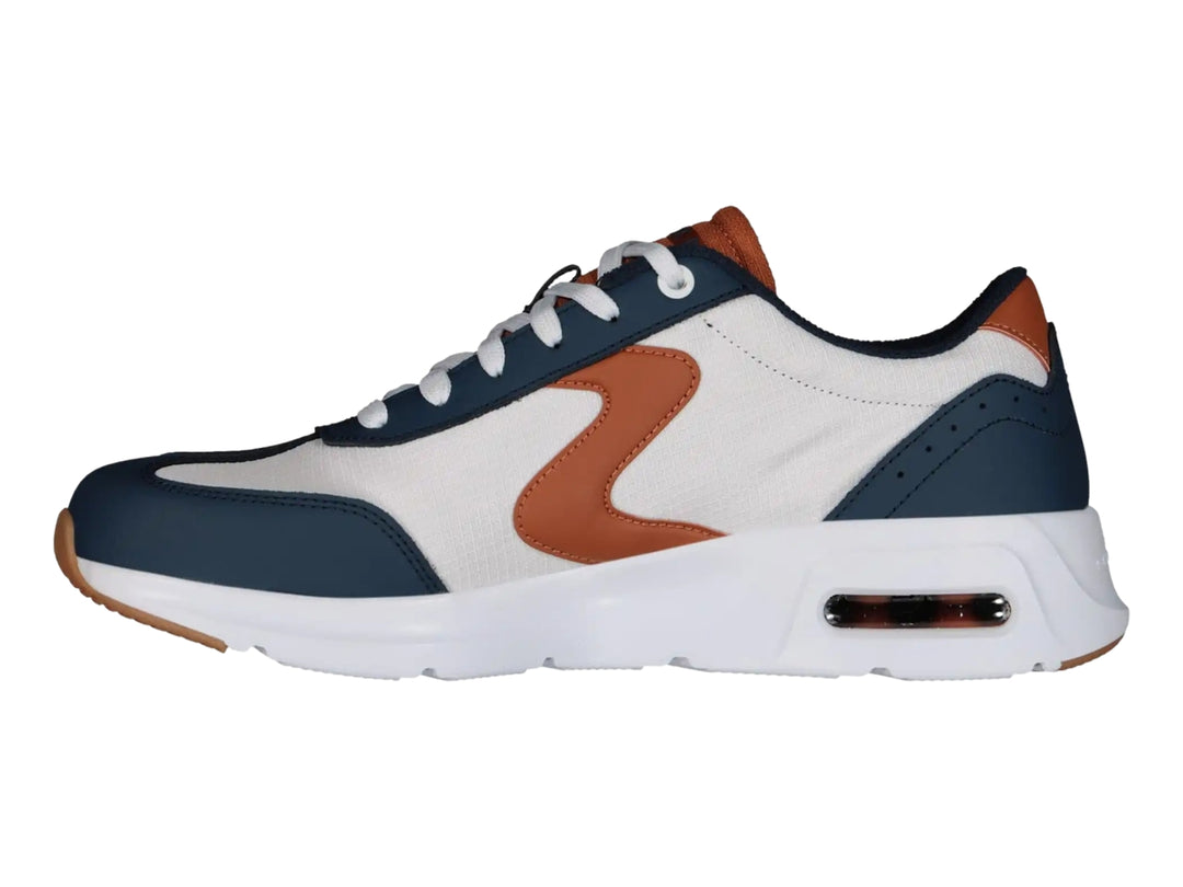 Tenis deportivos Skechers para hombre en colores blanco, azul marino y marrón con suela blanca.