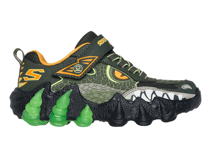 Tenis SKECHERS color olivo y negro con diseño de dinosaurio y garras verdes iluminadas en la suela.