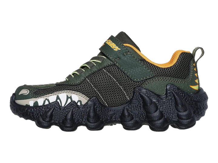 Tenis SKECHERS color olivo y negro con diseño de dinosaurio y garras verdes iluminadas en la suela.
