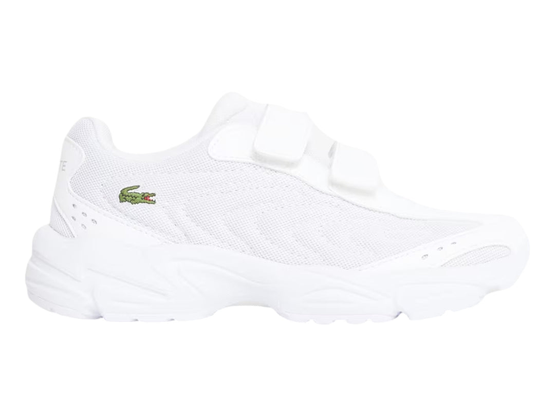 Tenis Lacoste Storm 96 2K Lite en color blanco con cierre de velcro y suela gruesa.