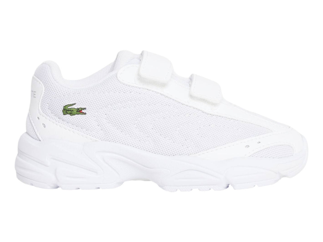 Tenis Lacoste Storm 96 2K Lite blancos con cierres de velcro y suela robusta.