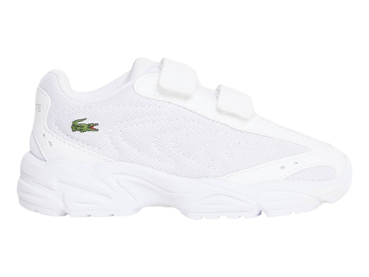 Tenis Lacoste Storm 96 2K Lite blancos con cierres de velcro y suela robusta.