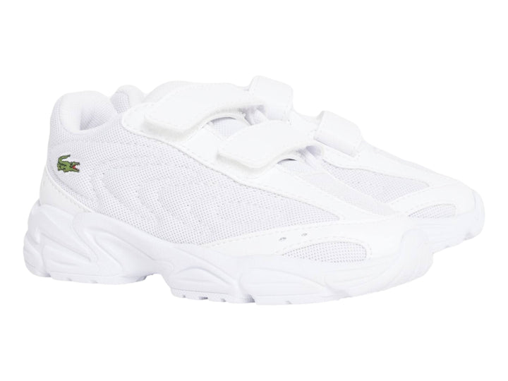 Tenis Lacoste Storm 96 2K Lite blancos con cierres de velcro y suela robusta.