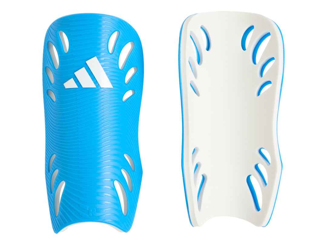 Espinilleras de fútbol Adidas Adiflex en color azul y blanco, vistas frontal y posterior.