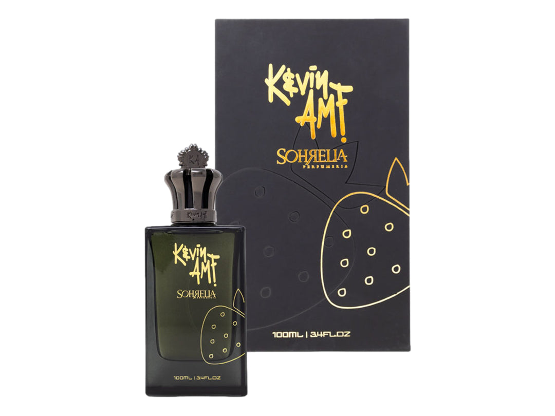 Perfume Sohrelia de 100ml con frasco y caja negros y letras doradas.