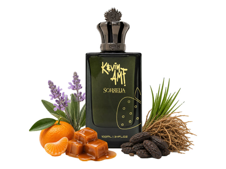 Perfume Sohrelia de 100ml con frasco y caja negros y letras doradas.