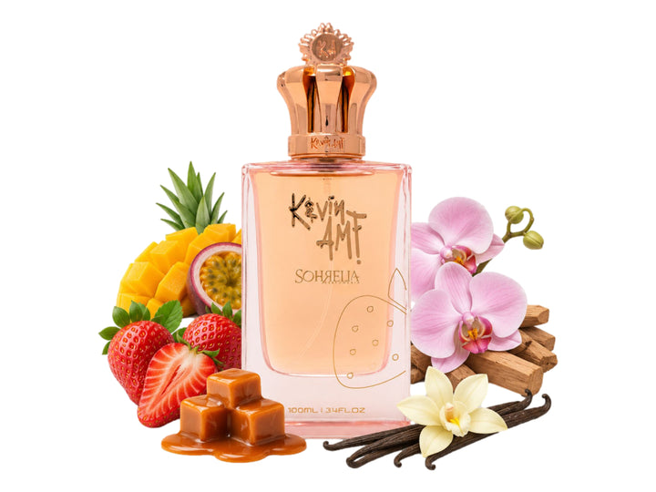 Perfume Sohrelia de 100ml con botella de vidrio y tapa dorada junto a su caja de color rosa.