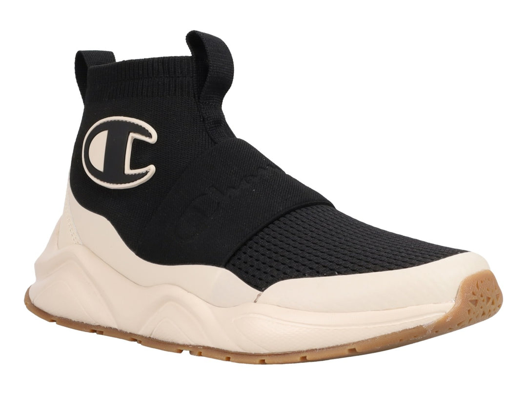 Tenis Champion Rally Pro MG en color negro y blanco con diseño tipo calcetín y suela gruesa color crema.
