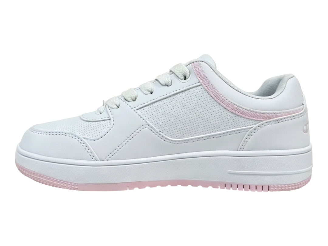 Tenis Champion blancos con detalles en color rosa en la suela y el cuello, diseño deportivo casual.