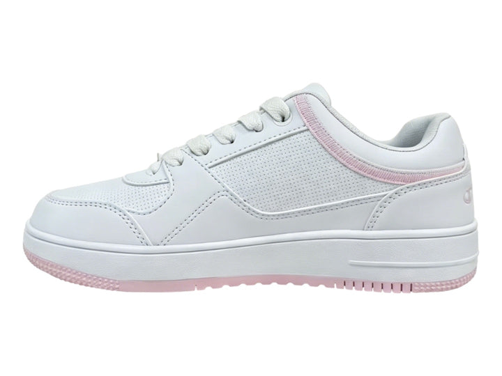 Tenis Champion blancos con detalles en color rosa en la suela y el cuello, diseño deportivo casual.