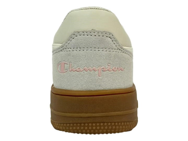 Tenis Champion color beige con suela gruesa color marrón y detalles en rosa ivory.