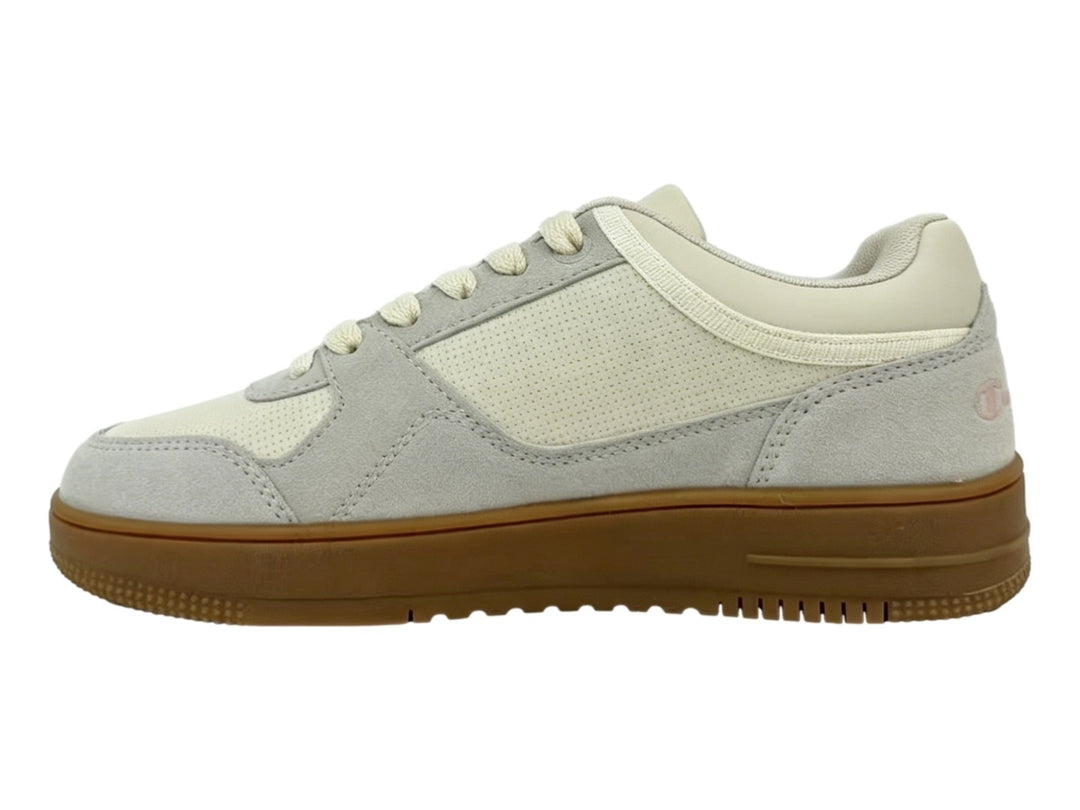 Tenis Champion color beige con suela gruesa color marrón y detalles en rosa ivory.