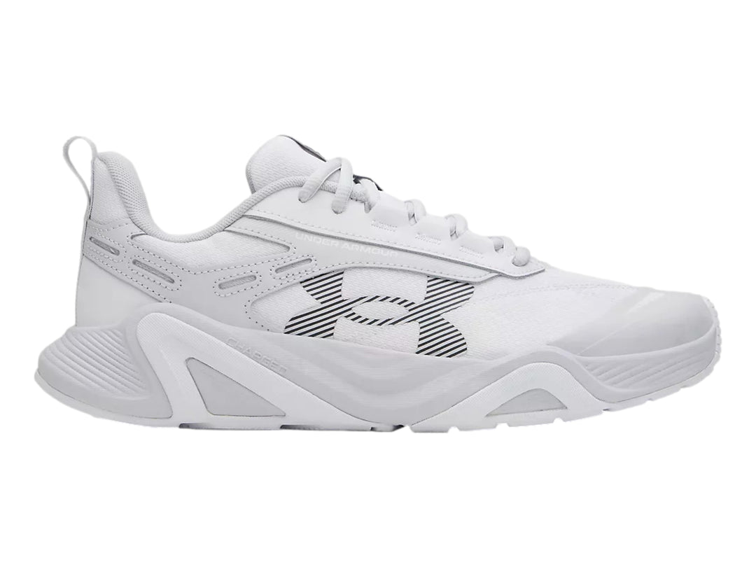 Tenis deportivos Under Armour en color blanco y gris claro con diseño moderno y suela robusta.