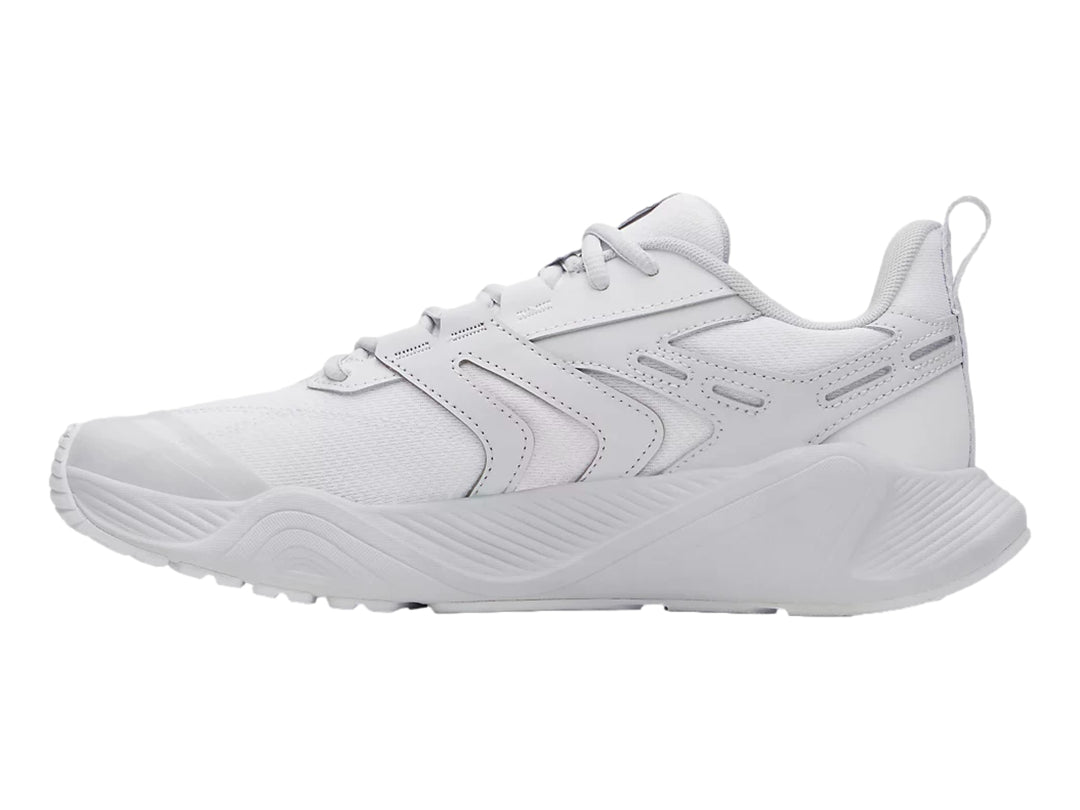 Tenis deportivos Under Armour en color blanco y gris claro con diseño moderno y suela robusta.