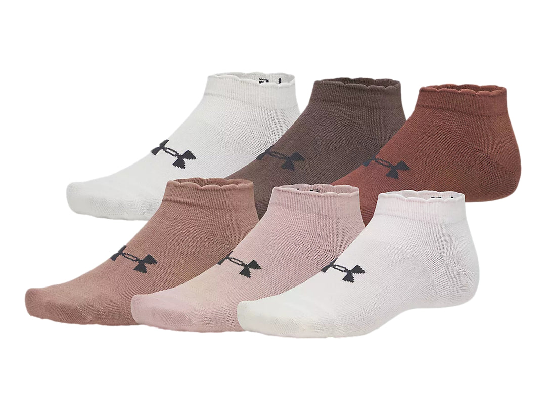 Paquete de 6 calcetines cortos Under Armour en tonos blanco, rosa y gris.