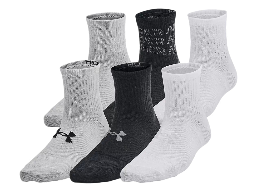 Paquete de 6 calcetines deportivos Under Armour en colores blanco, negro y gris.