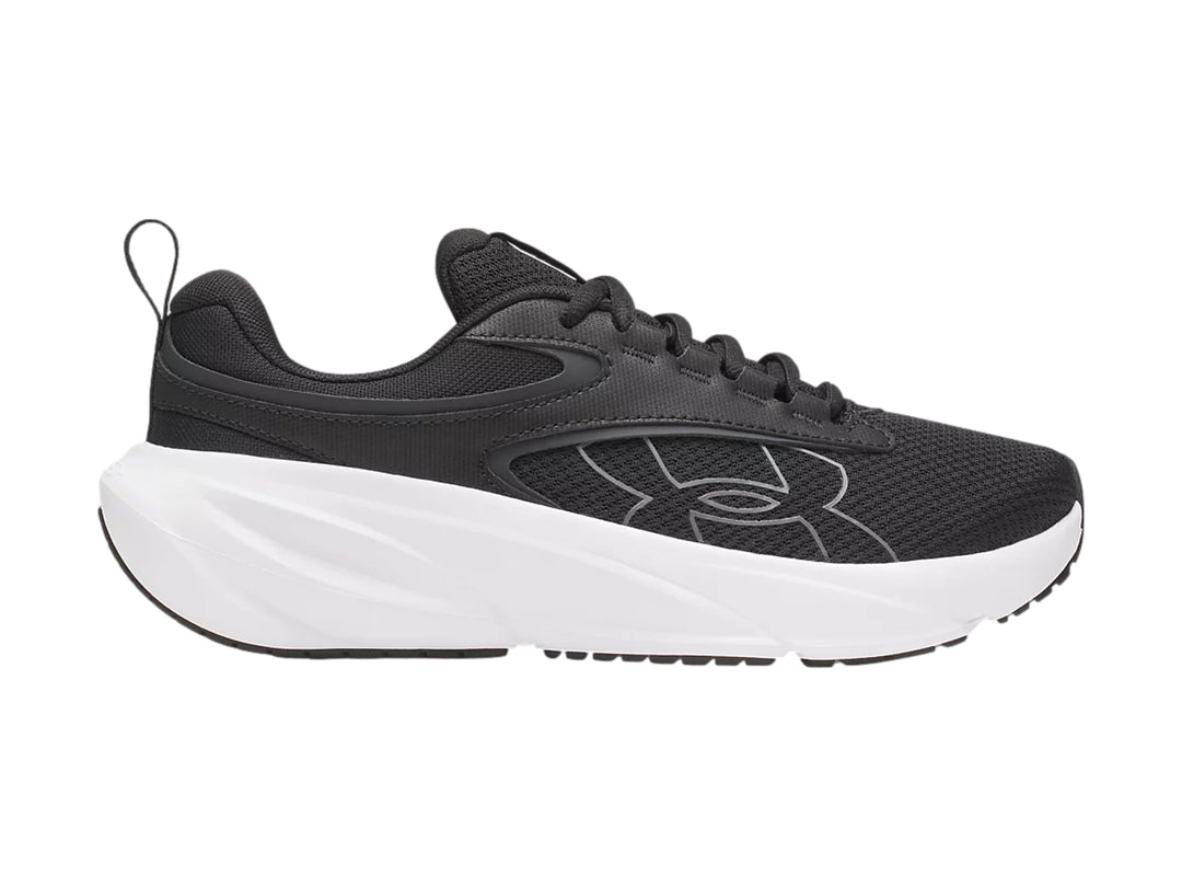 Tenis deportivos Under Armour color negro con suela blanca ancha.
