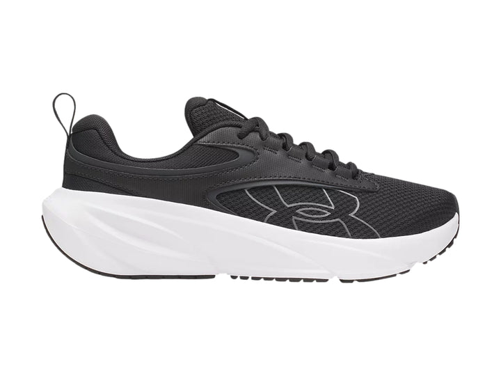 Tenis deportivos Under Armour color negro con suela blanca ancha.