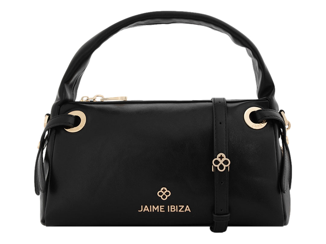Bolsa de mano color negro de la marca Jaime Ibiza con herrajes dorados y asa superior.