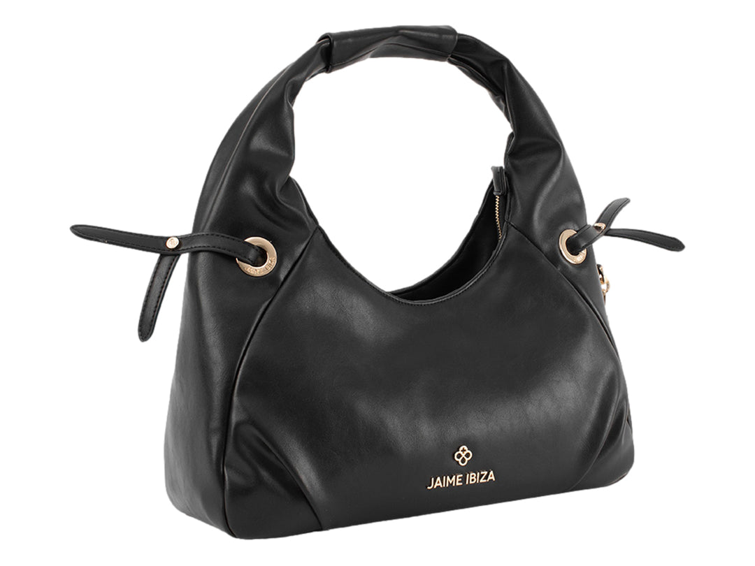 Bolsa hobo color negro con detalles dorados y asa superior de la marca Jaime Ibiza.