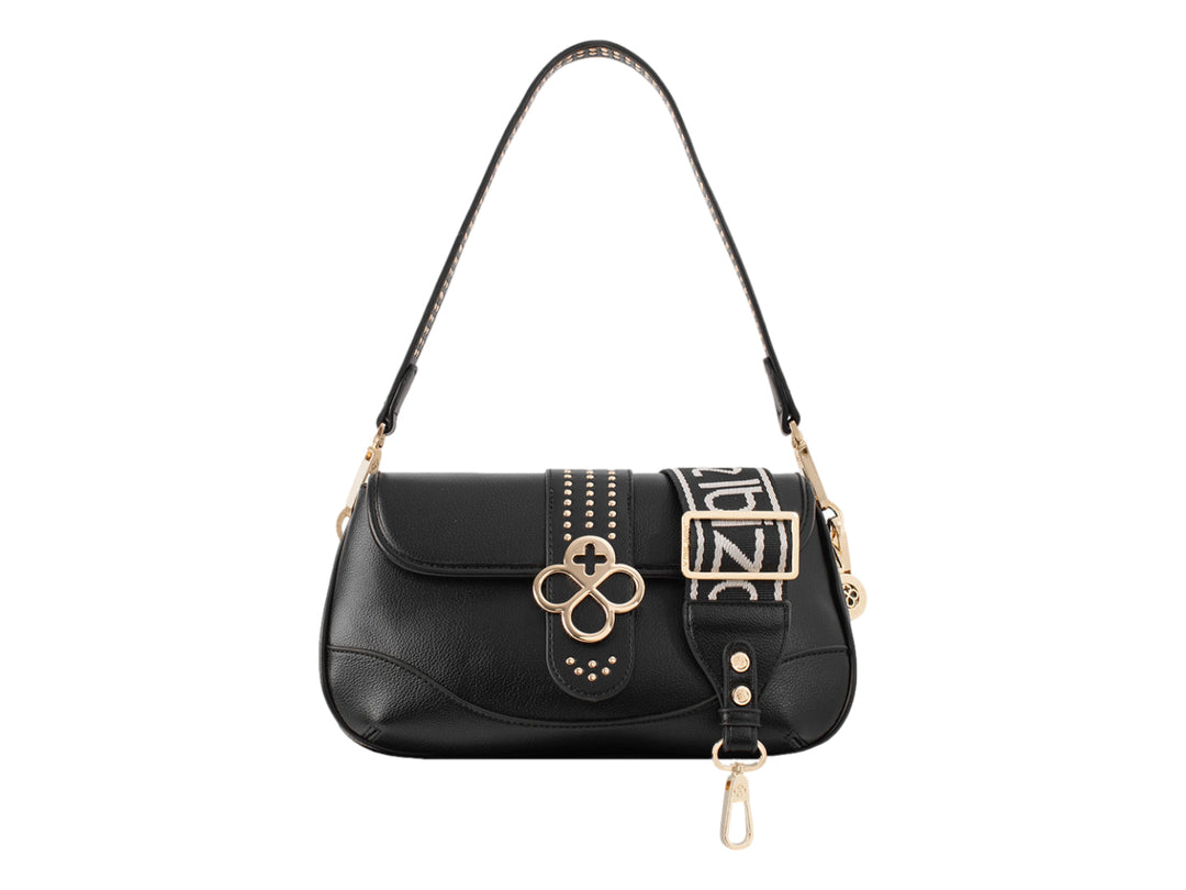 Bolsa de hombro color negro de Jaime Ibiza con herrajes dorados y correa con diseño.