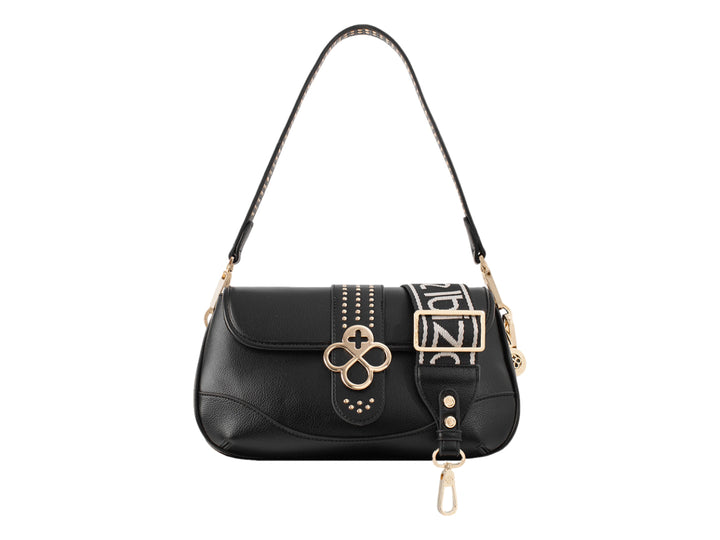 Bolsa de hombro color negro de Jaime Ibiza con herrajes dorados y correa con diseño.