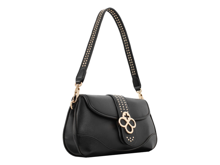 Bolsa de hombro color negro de Jaime Ibiza con herrajes dorados y correa con diseño.