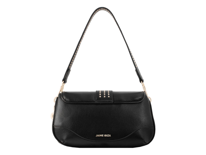 Bolsa de hombro color negro de Jaime Ibiza con herrajes dorados y correa con diseño.