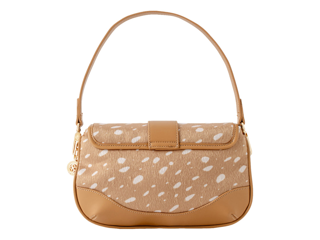 Bolsa Jaime Ibiza color miel con estampado de ciervo y herrajes dorados.