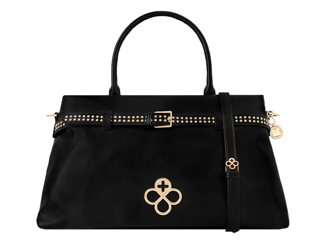 Bolsa de mano color negro con detalles y herrajes en color dorado y asas superiores.