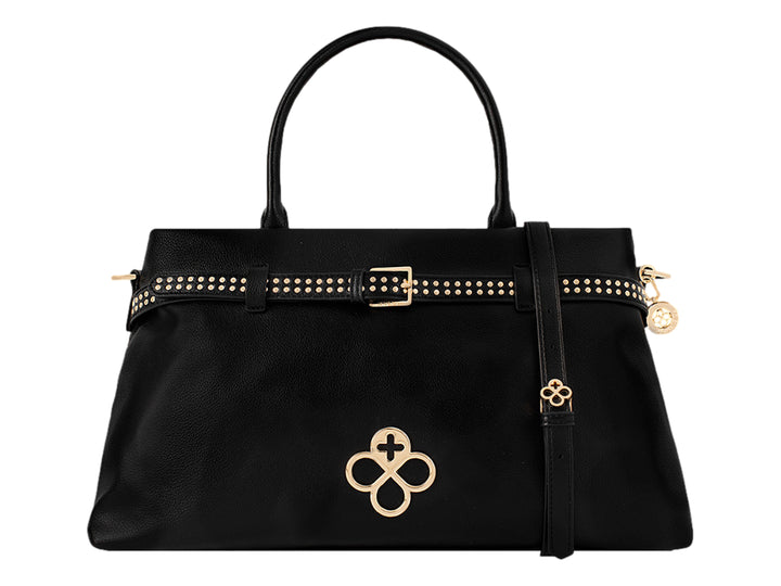 Bolsa de mano color negro con detalles y herrajes en color dorado y asas superiores.